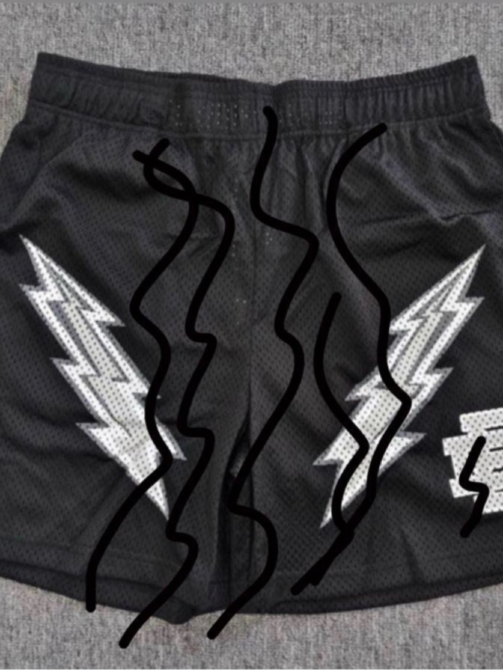 Eric Emanuel Black Athletic Mesh Shorts with White Lightning Motif
